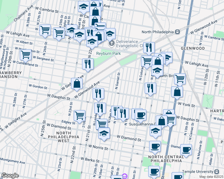 map of restaurants, bars, coffee shops, grocery stores, and more near 2410 North Opal Street in Philadelphia