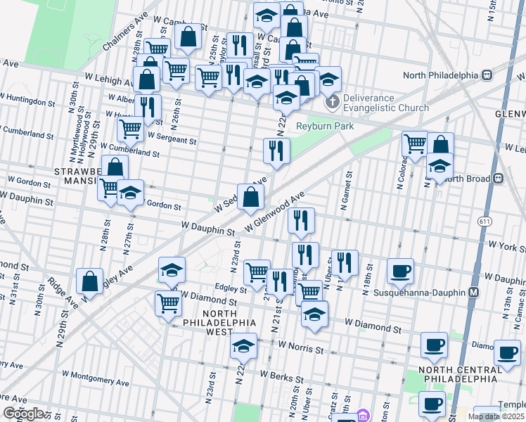 map of restaurants, bars, coffee shops, grocery stores, and more near 2344 North 22nd Street in Philadelphia