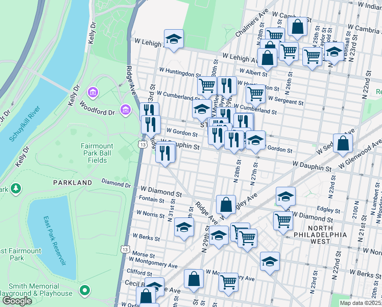 map of restaurants, bars, coffee shops, grocery stores, and more near 3016 West Nevada Street in Philadelphia