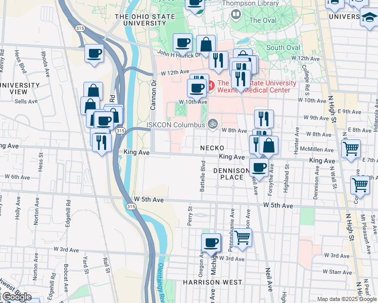 map of restaurants, bars, coffee shops, grocery stores, and more near 466 King Avenue in Columbus
