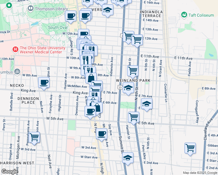 map of restaurants, bars, coffee shops, grocery stores, and more near 1381 Indianola Avenue in Columbus