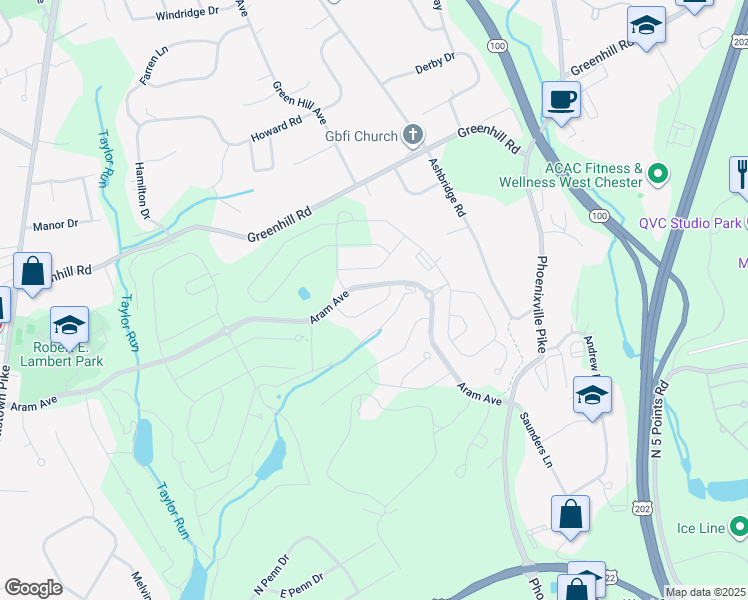 map of restaurants, bars, coffee shops, grocery stores, and more near 1614 Phillips Drive in West Chester