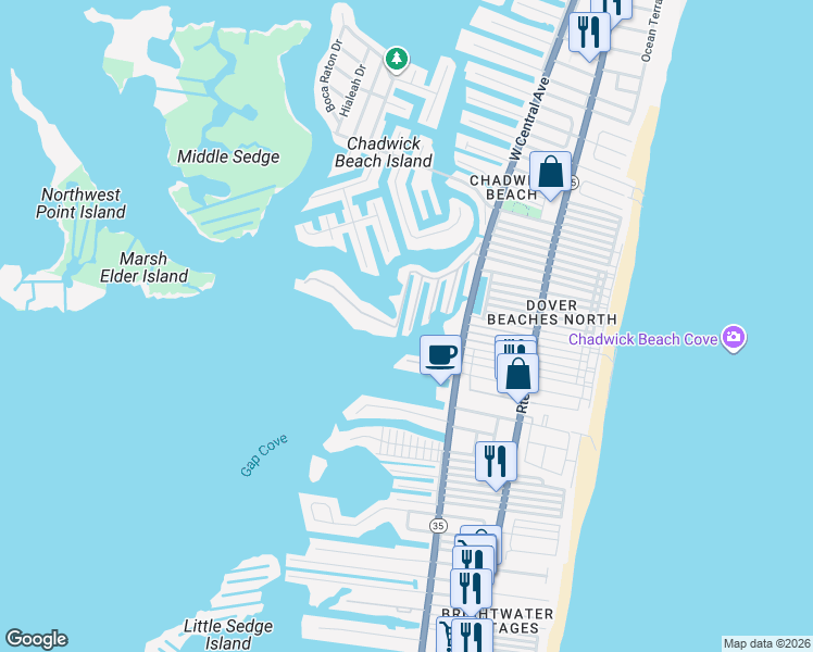 map of restaurants, bars, coffee shops, grocery stores, and more near 3305 Moonrise Lane in Lavallette