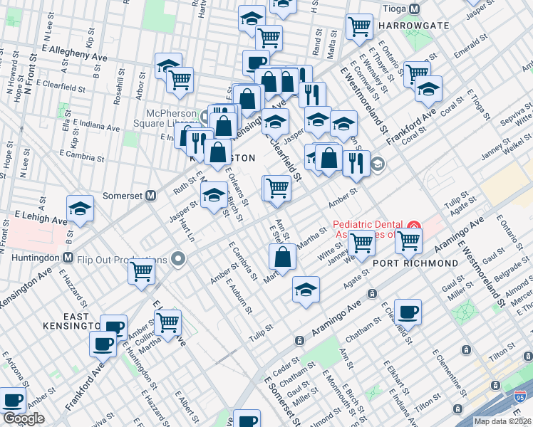 map of restaurants, bars, coffee shops, grocery stores, and more near 2017 East Stella Street in Philadelphia