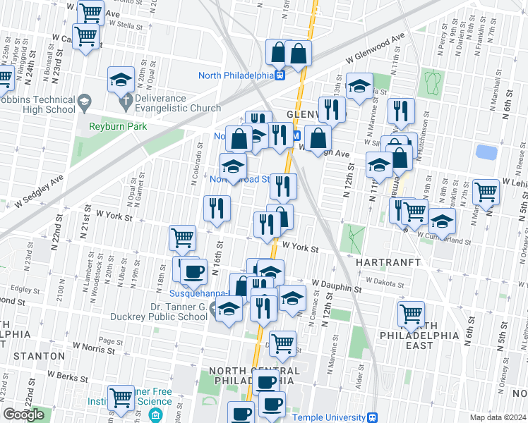 map of restaurants, bars, coffee shops, grocery stores, and more near 1420 West Cumberland Street in Philadelphia