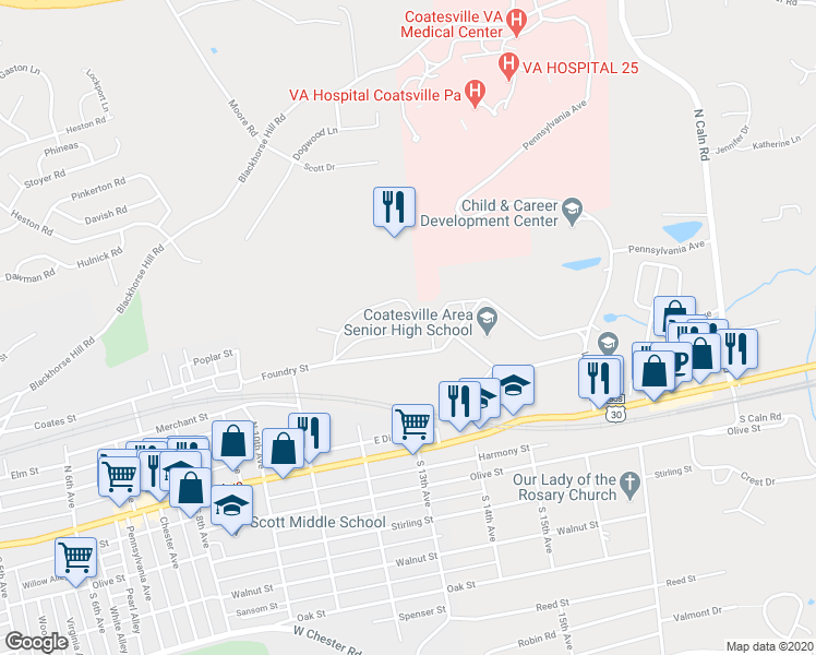 map of restaurants, bars, coffee shops, grocery stores, and more near 56 Foundry Street in Coatesville