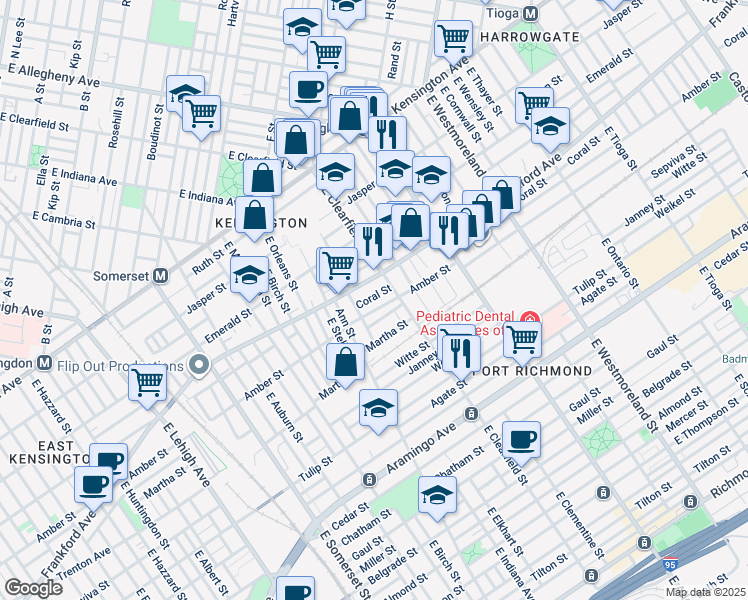 map of restaurants, bars, coffee shops, grocery stores, and more near 3047 Coral Street in Philadelphia
