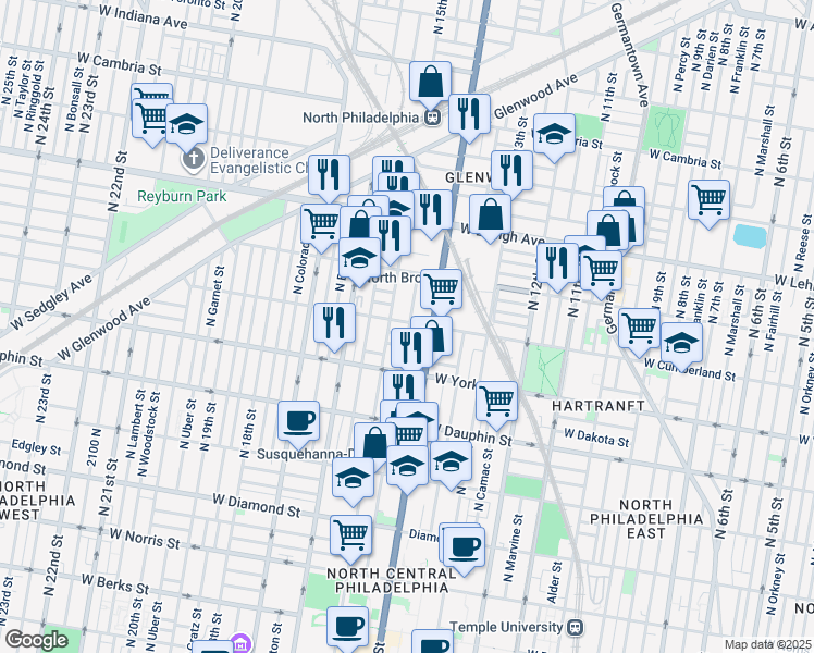 map of restaurants, bars, coffee shops, grocery stores, and more near 1420 West Cumberland Street in Philadelphia