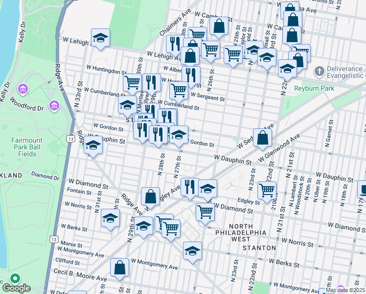 map of restaurants, bars, coffee shops, grocery stores, and more near 2309 North 27th Street in Philadelphia