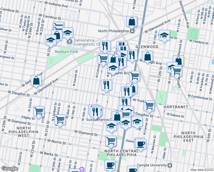 map of restaurants, bars, coffee shops, grocery stores, and more near 2437 North Bancroft Street in Philadelphia