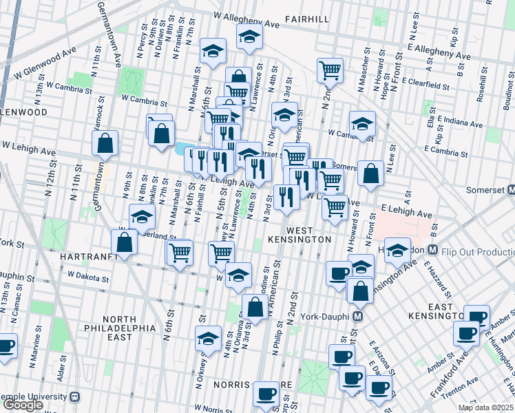 map of restaurants, bars, coffee shops, grocery stores, and more near 2622 North Orianna Street in Philadelphia