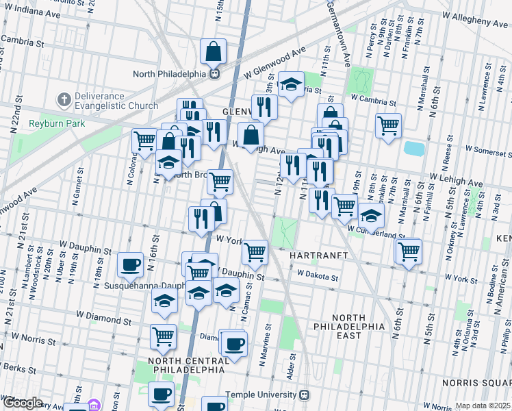 map of restaurants, bars, coffee shops, grocery stores, and more near 1244 West Firth Street in Philadelphia