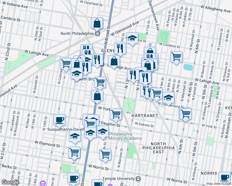 map of restaurants, bars, coffee shops, grocery stores, and more near 1254 West Hazzard Street in Philadelphia