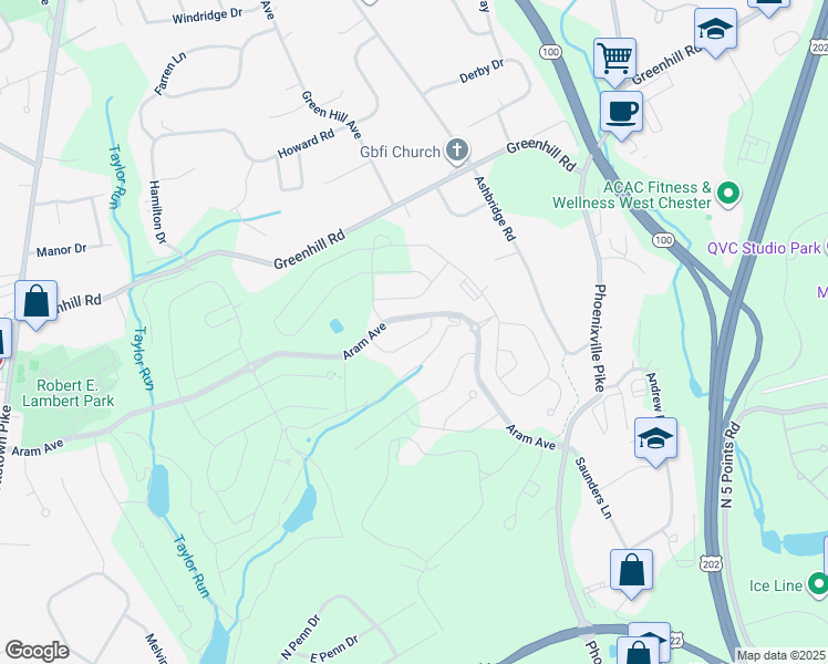 map of restaurants, bars, coffee shops, grocery stores, and more near 1614 Phillips Drive in West Chester