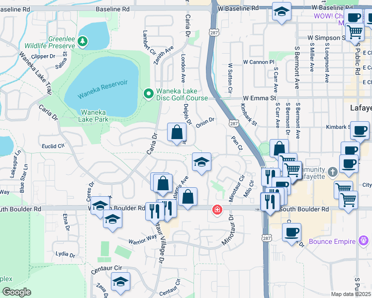 map of restaurants, bars, coffee shops, grocery stores, and more near 810 Sparta Drive in Lafayette