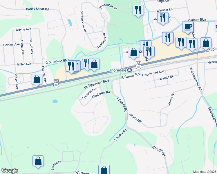 map of restaurants, bars, coffee shops, grocery stores, and more near 2712 Stockley Lane in Downingtown