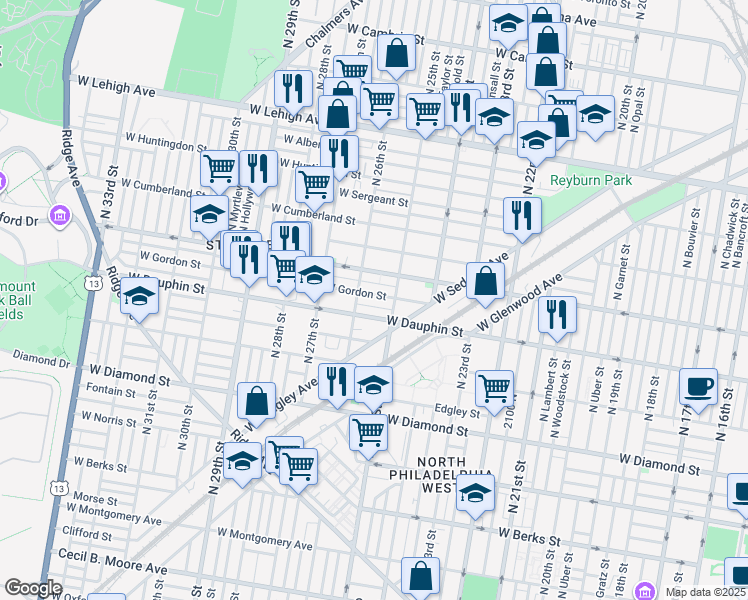 map of restaurants, bars, coffee shops, grocery stores, and more near 2519 West Arizona Street in Philadelphia