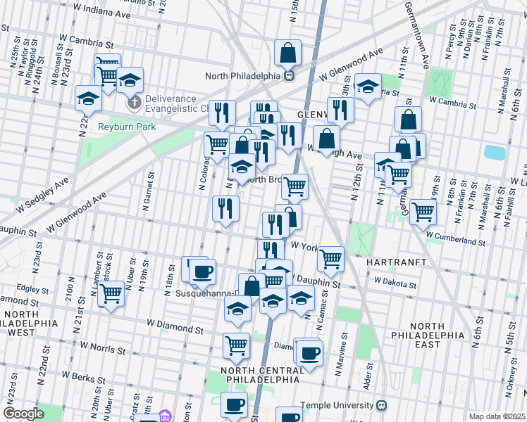 map of restaurants, bars, coffee shops, grocery stores, and more near 2451 North 15th Street in Philadelphia