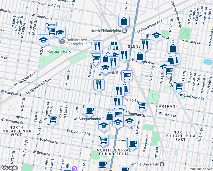 map of restaurants, bars, coffee shops, grocery stores, and more near 2438 North Sydenham Street in Philadelphia