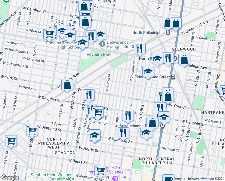 map of restaurants, bars, coffee shops, grocery stores, and more near 2421 North 19th Street in Philadelphia
