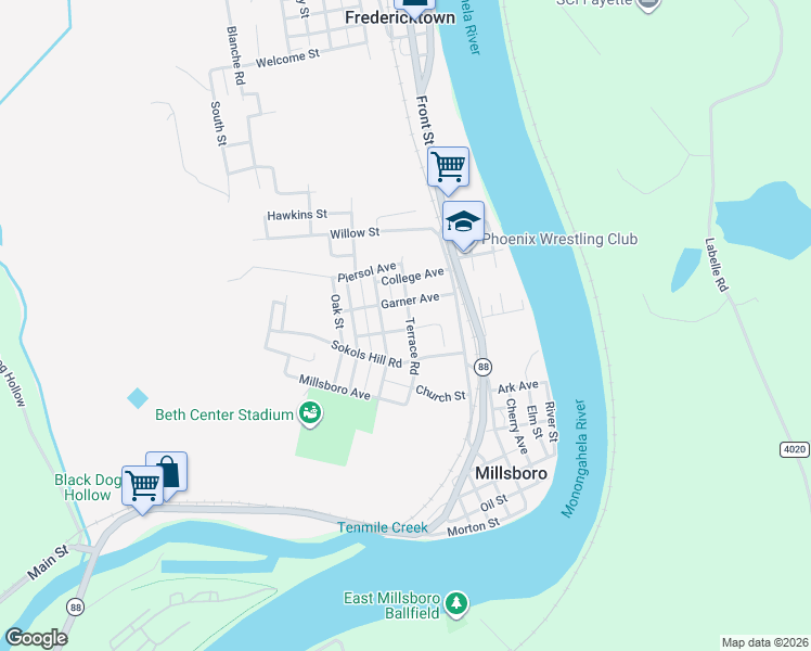 map of restaurants, bars, coffee shops, grocery stores, and more near 51 Terrace Road in Fredericktown