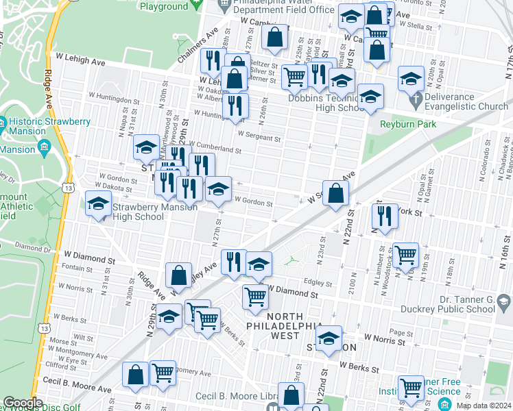 map of restaurants, bars, coffee shops, grocery stores, and more near 2538 West Gordon Street in Philadelphia