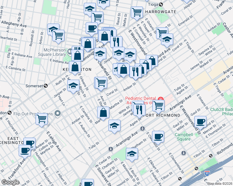 map of restaurants, bars, coffee shops, grocery stores, and more near 3070 Amber Street in Philadelphia