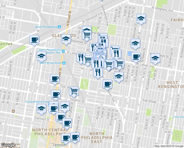 map of restaurants, bars, coffee shops, grocery stores, and more near 2531 North 11th Street in Philadelphia