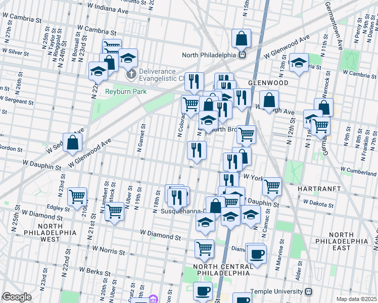 map of restaurants, bars, coffee shops, grocery stores, and more near 2446 North Chadwick Street in Philadelphia