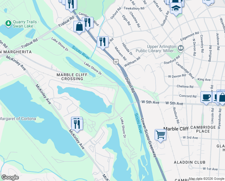 map of restaurants, bars, coffee shops, grocery stores, and more near 2339 Keep Place in Columbus