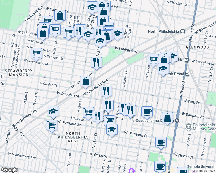 map of restaurants, bars, coffee shops, grocery stores, and more near 2070 West Glenwood Avenue in Philadelphia