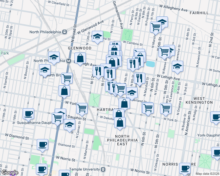 map of restaurants, bars, coffee shops, grocery stores, and more near 2544 Germantown Avenue in Philadelphia