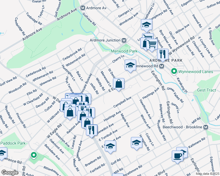 map of restaurants, bars, coffee shops, grocery stores, and more near 216 East Eagle Road in Havertown