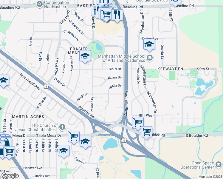 map of restaurants, bars, coffee shops, grocery stores, and more near 4875 Qualla Drive in Boulder
