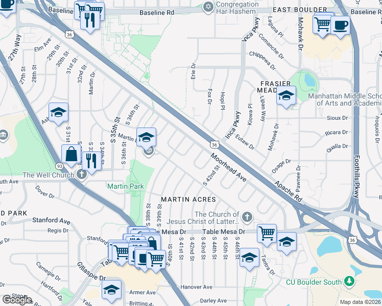 map of restaurants, bars, coffee shops, grocery stores, and more near 20 South 38th Street in Boulder
