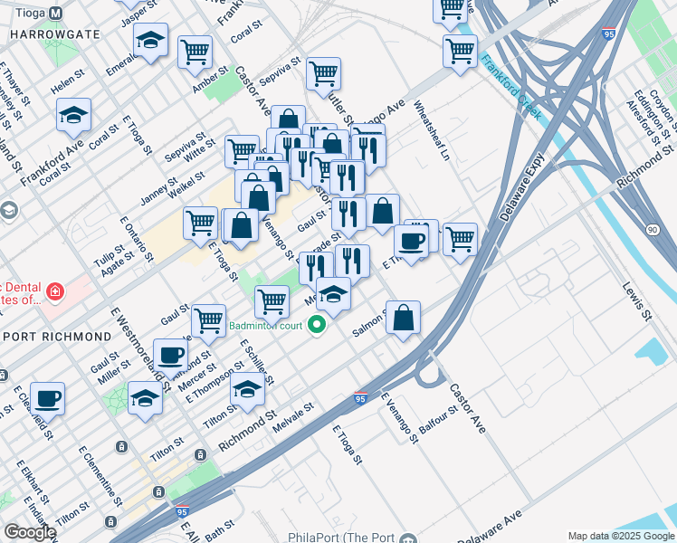 map of restaurants, bars, coffee shops, grocery stores, and more near 2539 Pickwick Street in Philadelphia