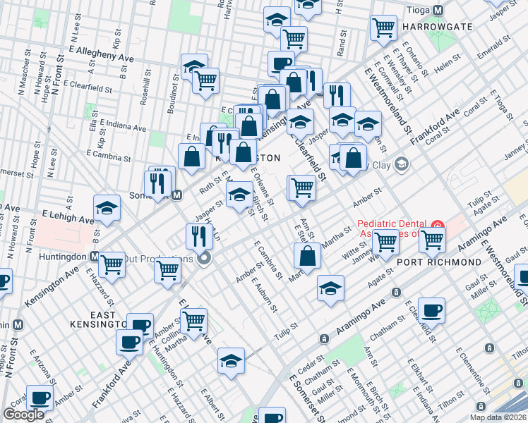 map of restaurants, bars, coffee shops, grocery stores, and more near 1920 East Orleans Street in Philadelphia