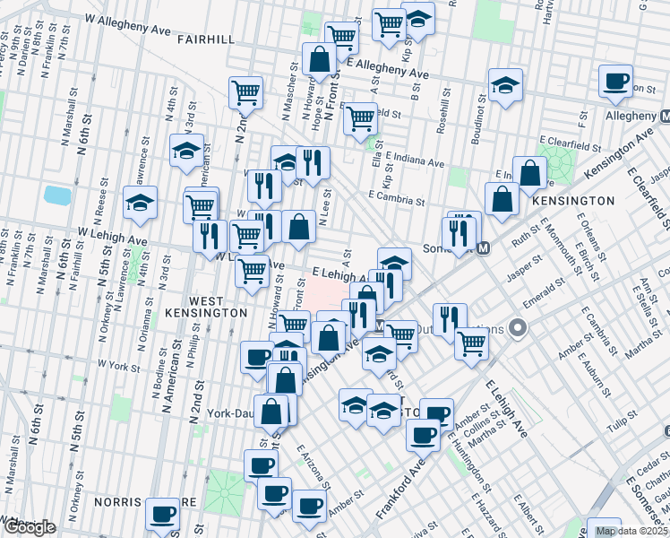 map of restaurants, bars, coffee shops, grocery stores, and more near 105 East Silver Street in Philadelphia