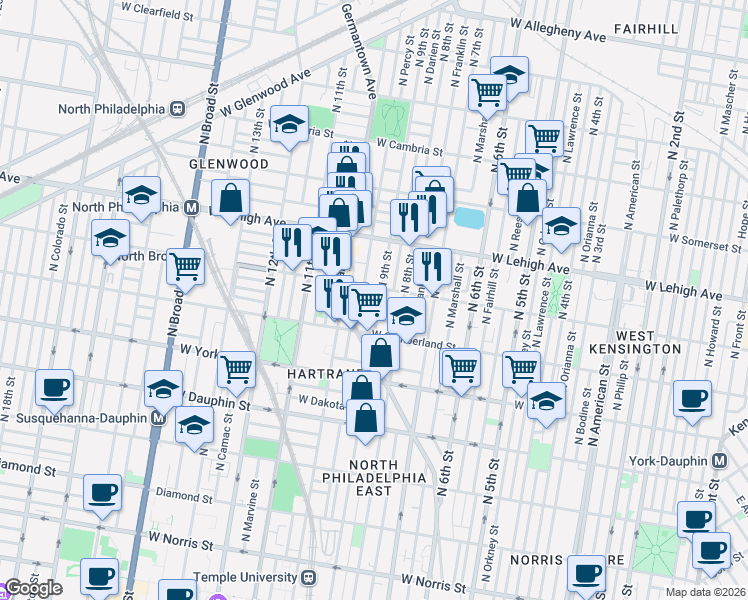map of restaurants, bars, coffee shops, grocery stores, and more near 919 West Huntingdon Street in Philadelphia