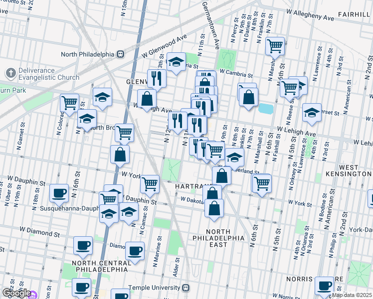 map of restaurants, bars, coffee shops, grocery stores, and more near 2531 North 11th Street in Philadelphia