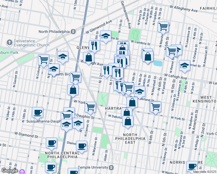 map of restaurants, bars, coffee shops, grocery stores, and more near 1112 West Huntingdon Street in Philadelphia