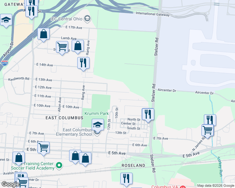 map of restaurants, bars, coffee shops, grocery stores, and more near 3240 East 12th Avenue in Columbus