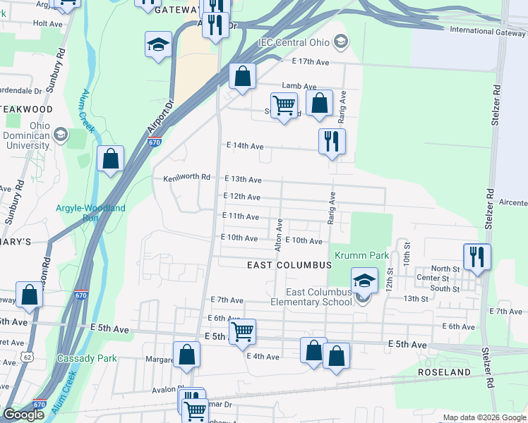 map of restaurants, bars, coffee shops, grocery stores, and more near 2901 East 12th Avenue in Columbus