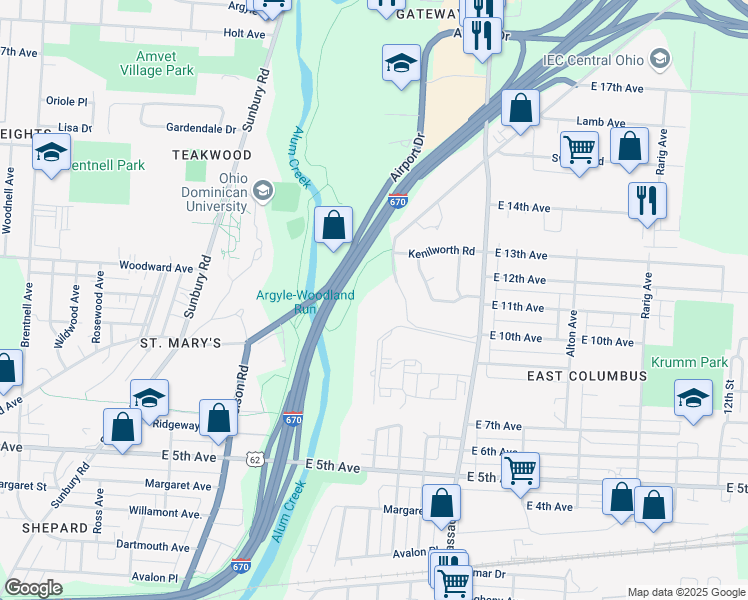 map of restaurants, bars, coffee shops, grocery stores, and more near 1001 Parkview Boulevard in Columbus
