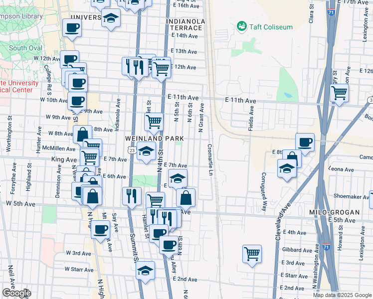 map of restaurants, bars, coffee shops, grocery stores, and more near 1376 North 6th Street in Columbus