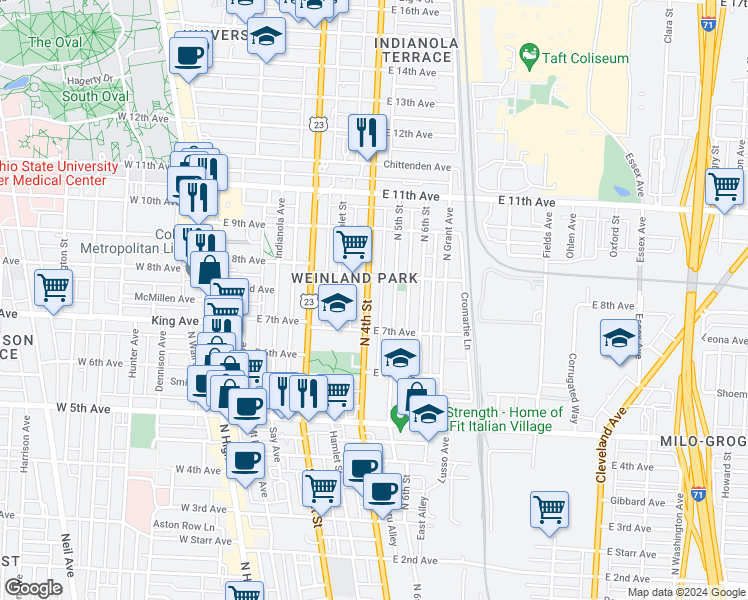 map of restaurants, bars, coffee shops, grocery stores, and more near 1378 Hamlet Street in Columbus