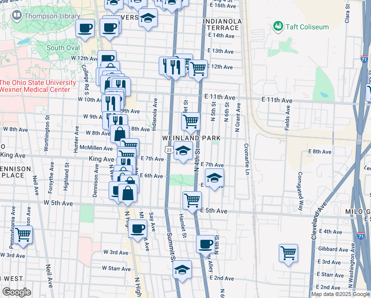map of restaurants, bars, coffee shops, grocery stores, and more near 1392 Summit Street in Columbus