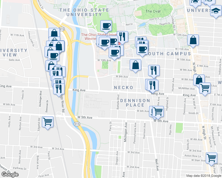 map of restaurants, bars, coffee shops, grocery stores, and more near 1497 Perry Street in Columbus