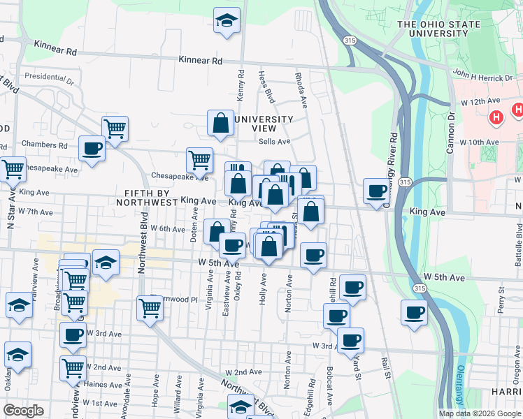map of restaurants, bars, coffee shops, grocery stores, and more near 1020 King Avenue in Columbus