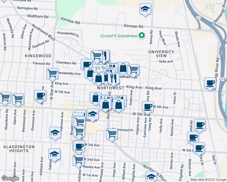map of restaurants, bars, coffee shops, grocery stores, and more near 1250 King Avenue in Columbus